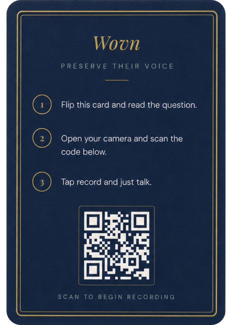 Wovn card back &mdash; unique QR code and recording instructions