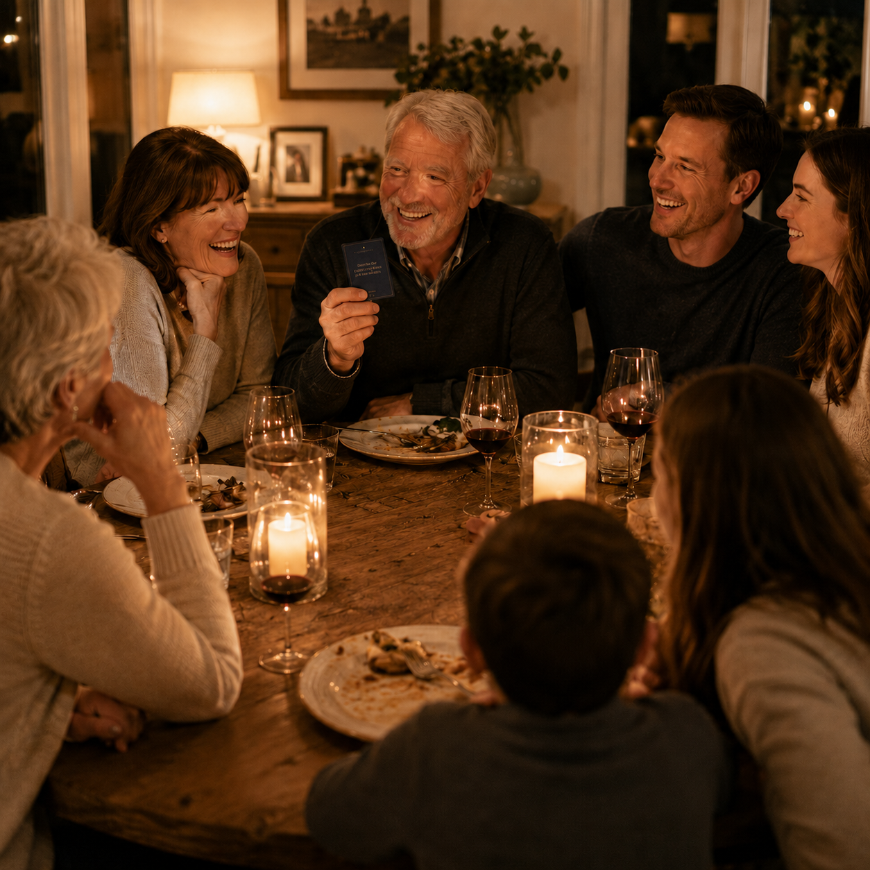 Multiple generations gathered around a table, sharing stories with Wovn