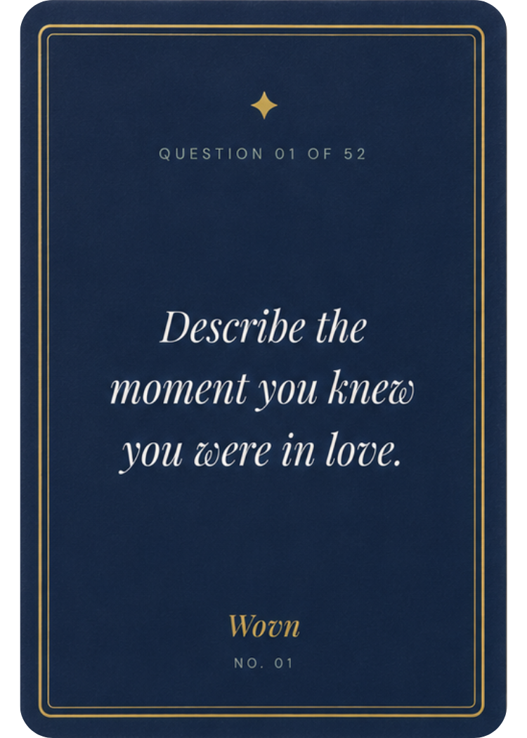 Wovn card front &mdash; question in serif italic