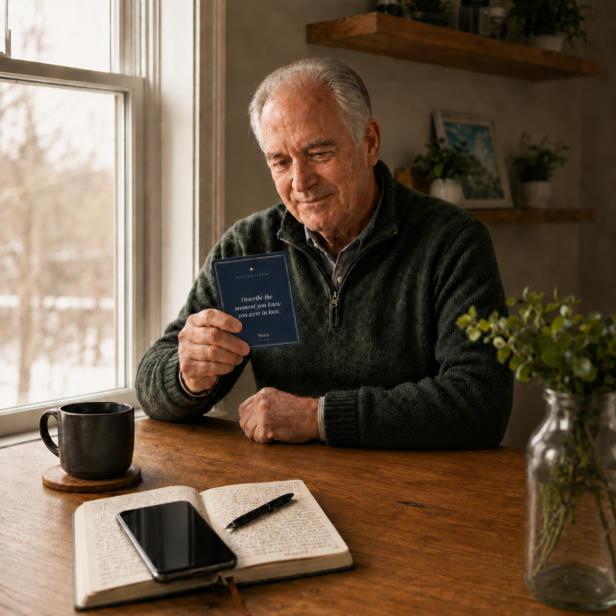 A person sitting quietly, reflecting and answering a Wovn card prompt